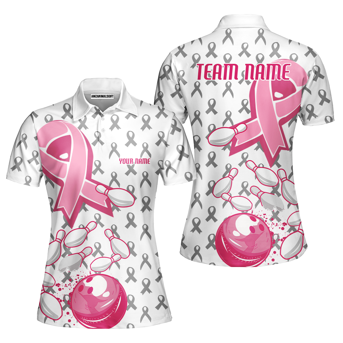 Custom Bowling Team Uniform Jerseys Breast Cancer Pink Ribbon Ladies, Bowling Shirt Personalized Name And Team Name