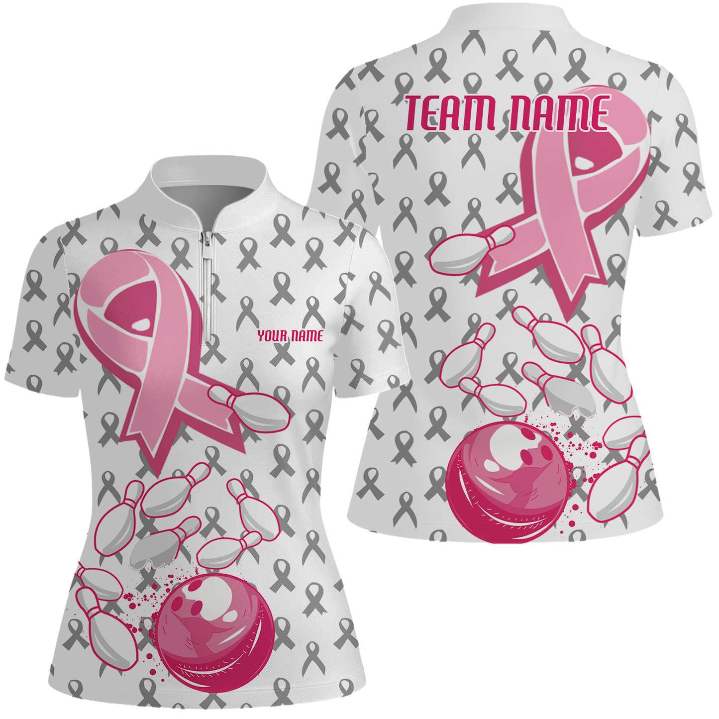 Custom Bowling Team Uniform Jerseys Breast Cancer Pink Ribbon Ladies, Bowling Shirt Personalized Name And Team Name