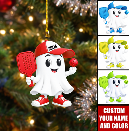 Personalized Pickleball Christmas Ornament, Cute Ghost Holding Paddle And Ball, Custom Ornament Christmas Gift, Keychain Pickleball, Car Ornament Pickleball