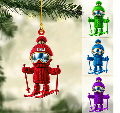 Personalized Skiing Christmas Ornament, Knit Texture Skier Mascot, Custom Ornament Christmas Gift, Keychain Skiing, Car Ornament Skiing