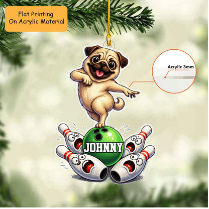 Personalized Bowling Christmas Ornament, Puppy Dancing On Bowling, Custom Ornament Christmas Gift, Keychain Bowling, Car Ornament Bowling