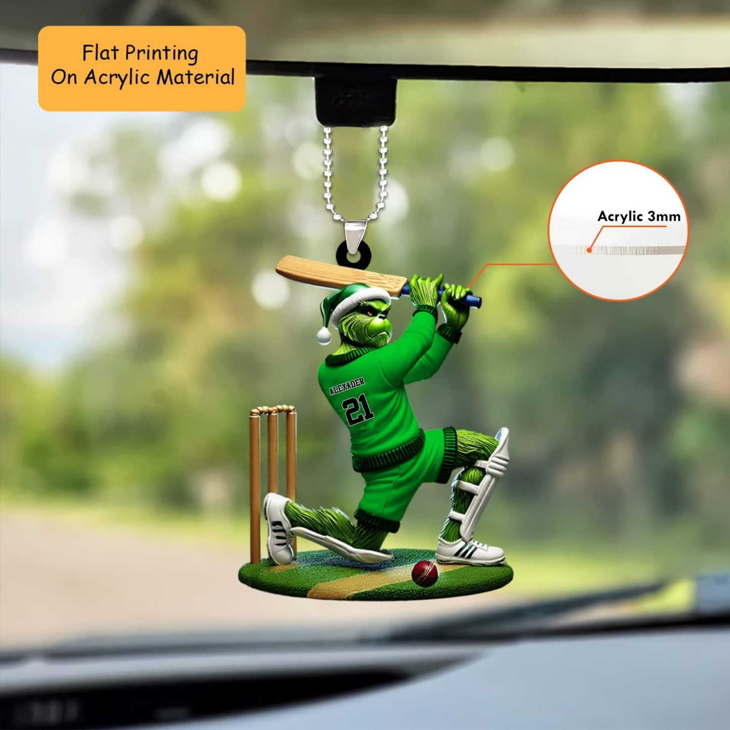 Personalized Cricket Christmas Ornament, Grumpy Monster Batting, Custom Ornament Christmas Gift, Keychain Bowling, Car Ornament Bowling