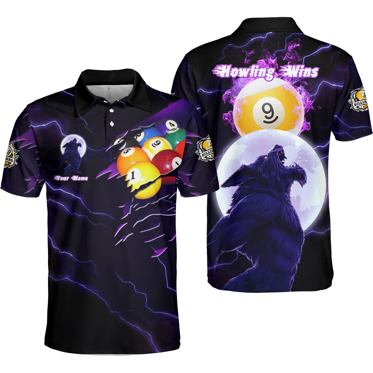 Customized Billiards 9 Ball Pool Polo Shirt, Howling Wolf Polo Shirts For 9 Ball Pool Players