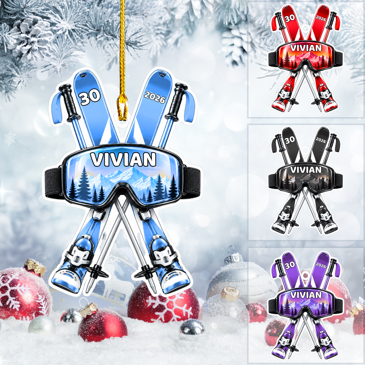 Personalized Skiing Christmas Flat Printed Acrylic Ornament, Skiing Things, Custom Ornament Christmas Gift, Keychain Skiing, Car Ornament Skiing