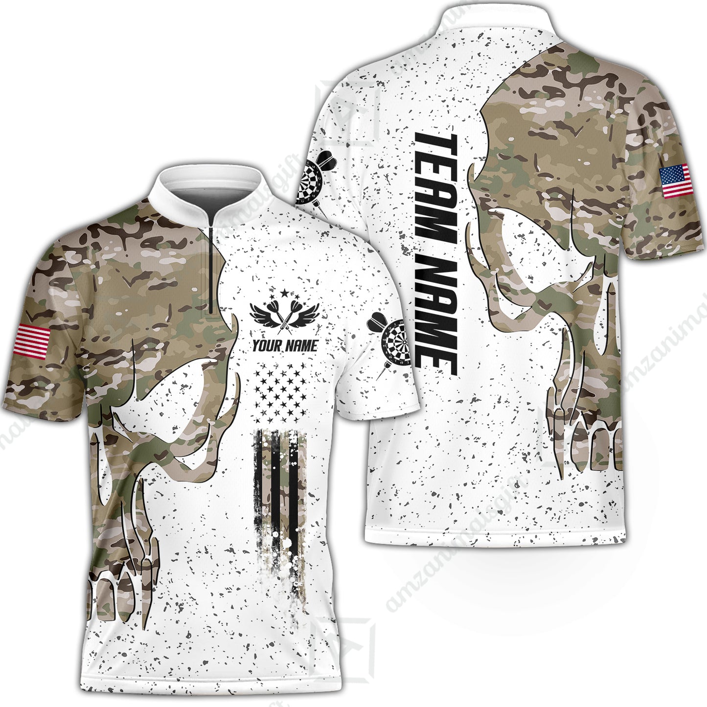 Customized American Flag Darts Polo Shirt, Darts Camo Skull Team Style Jersey Polo Shirt, Outfit for Darts Players