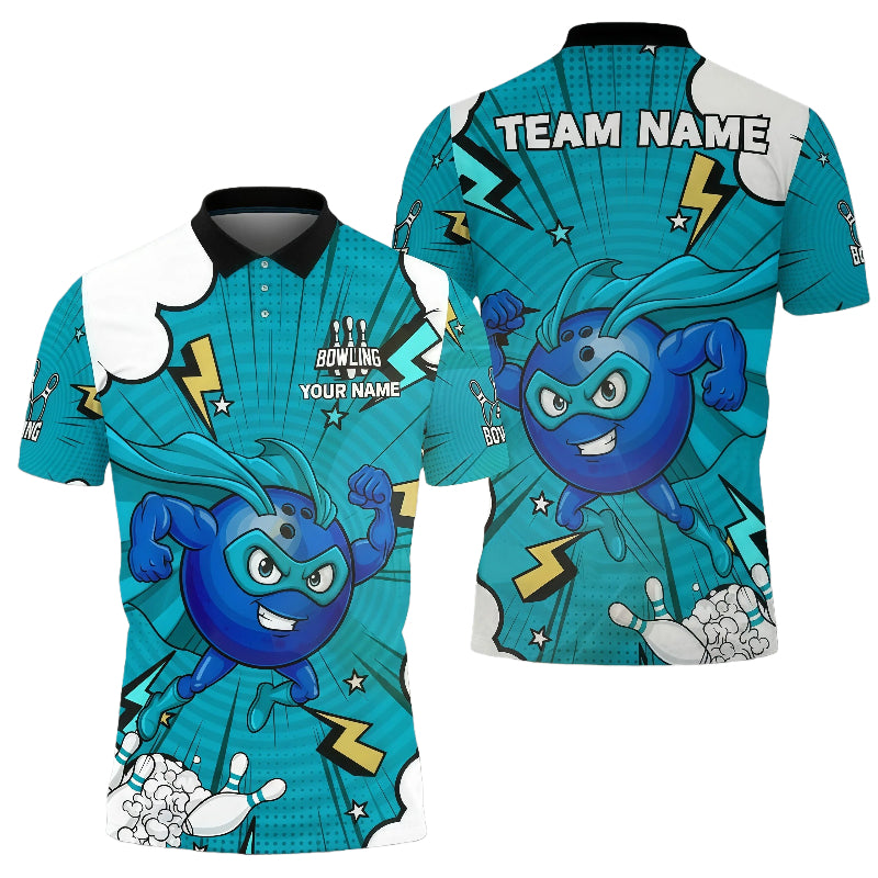 Cartoon Bowling Superhero Lightning Effects Unisex Polo Blue