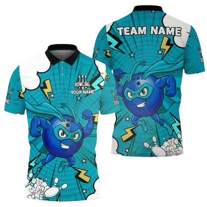 Cartoon Bowling Superhero Lightning Effects Unisex Polo Blue