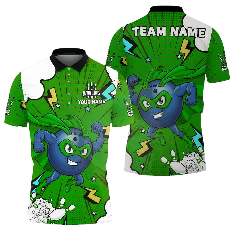 Cartoon Bowling Superhero Lightning Effects Unisex Polo Green