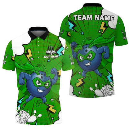 Cartoon Bowling Superhero Lightning Effects Unisex Polo Green