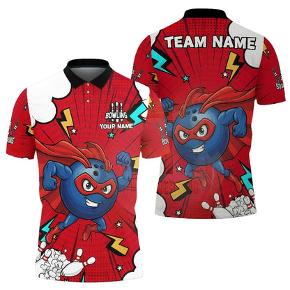 Cartoon Bowling Superhero Lightning Effects Unisex Polo Red