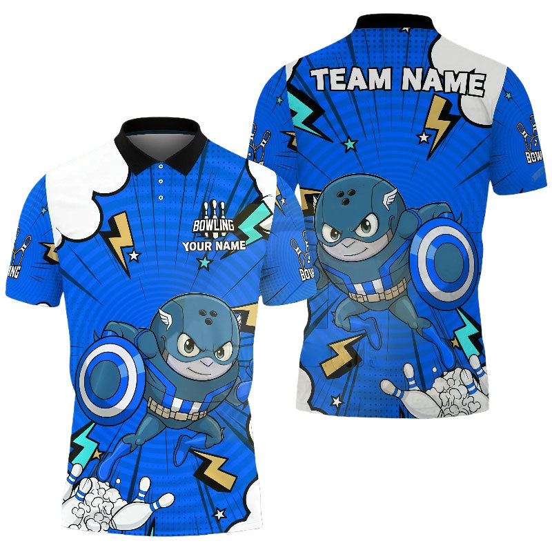 Cartoon Warrior-Style Bowling Pattern Unisex Polo Blue