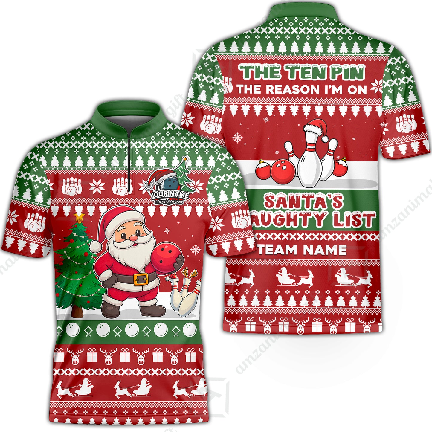 Custom Christmas Bowling Santa Bowling Team Jerseys Polo Shirts, Santa's Naughty List uniforms - Personalized Name And Team Name