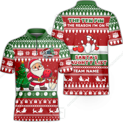 Custom Christmas Bowling Santa Bowling Team Jerseys Polo Shirts, Santa's Naughty List uniforms - Personalized Name And Team Name
