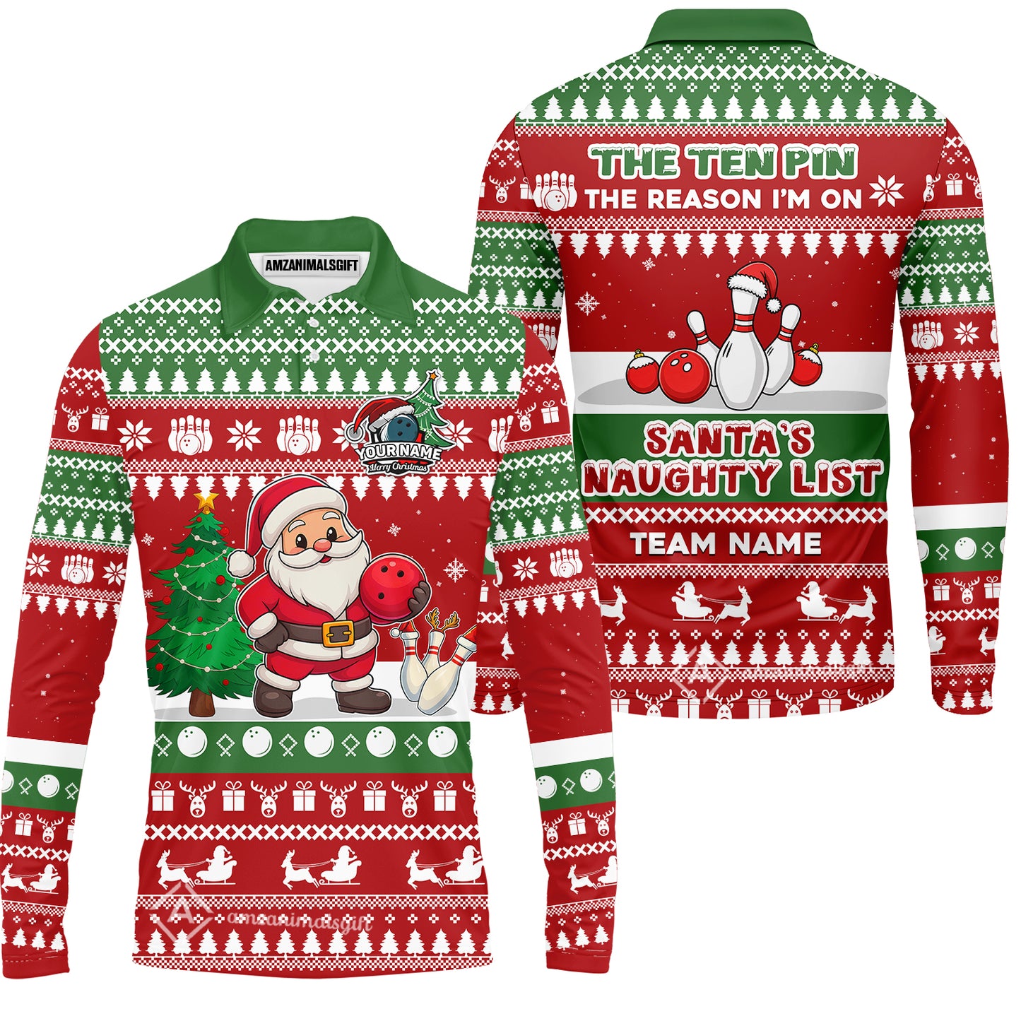 Custom Christmas Bowling Santa Bowling Team Jerseys Polo Shirts, Santa's Naughty List uniforms - Personalized Name And Team Name