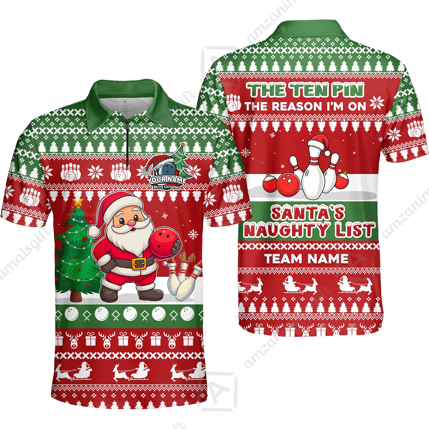 Custom Christmas Bowling Santa Bowling Team Jerseys Polo Shirts, Santa's Naughty List uniforms - Personalized Name And Team Name