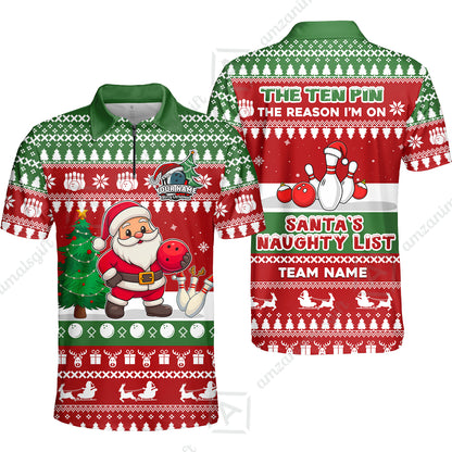 Custom Christmas Bowling Santa Bowling Team Jerseys Polo Shirts, Santa's Naughty List uniforms - Personalized Name And Team Name