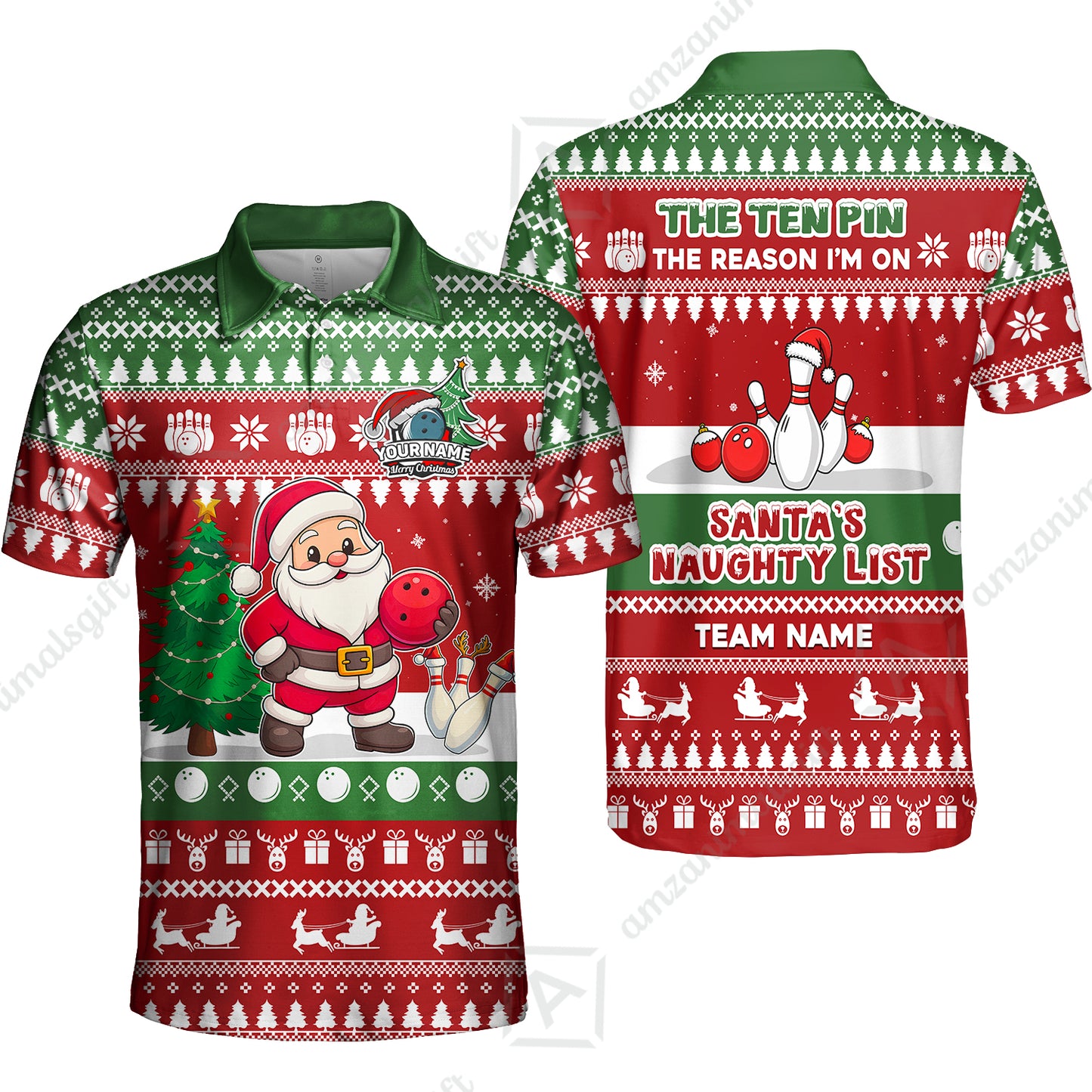 Custom Christmas Bowling Santa Bowling Team Jerseys Polo Shirts, Santa's Naughty List uniforms - Personalized Name And Team Name