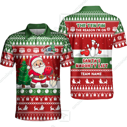 Custom Christmas Bowling Santa Bowling Team Jerseys Polo Shirts, Santa's Naughty List uniforms - Personalized Name And Team Name