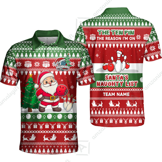 Custom Christmas Bowling Santa Bowling Team Jerseys Polo Shirts, Santa's Naughty List uniforms - Personalized Name And Team Name