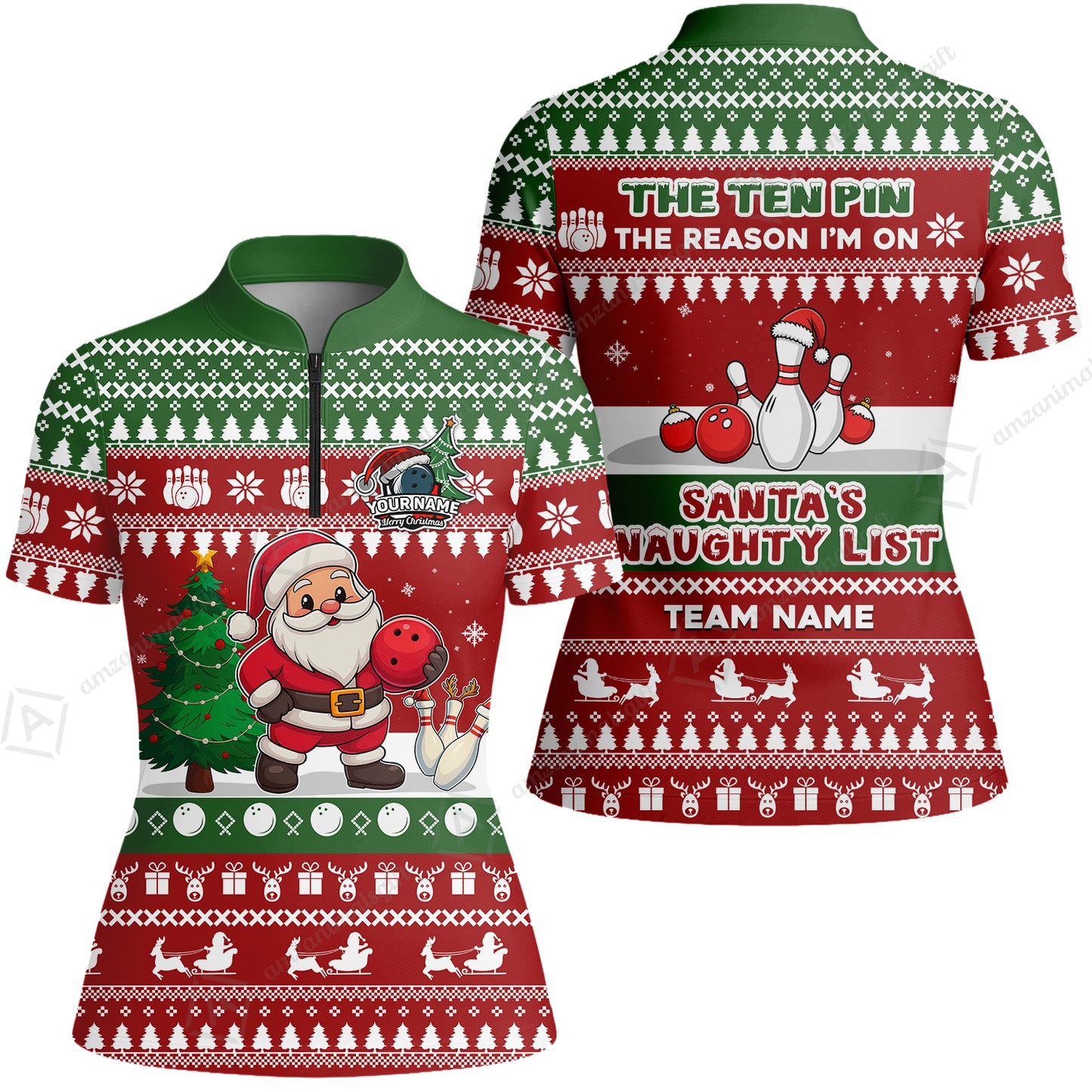 Custom Christmas Bowling Santa Bowling Team Jerseys Polo Shirts, Santa's Naughty List uniforms - Personalized Name And Team Name