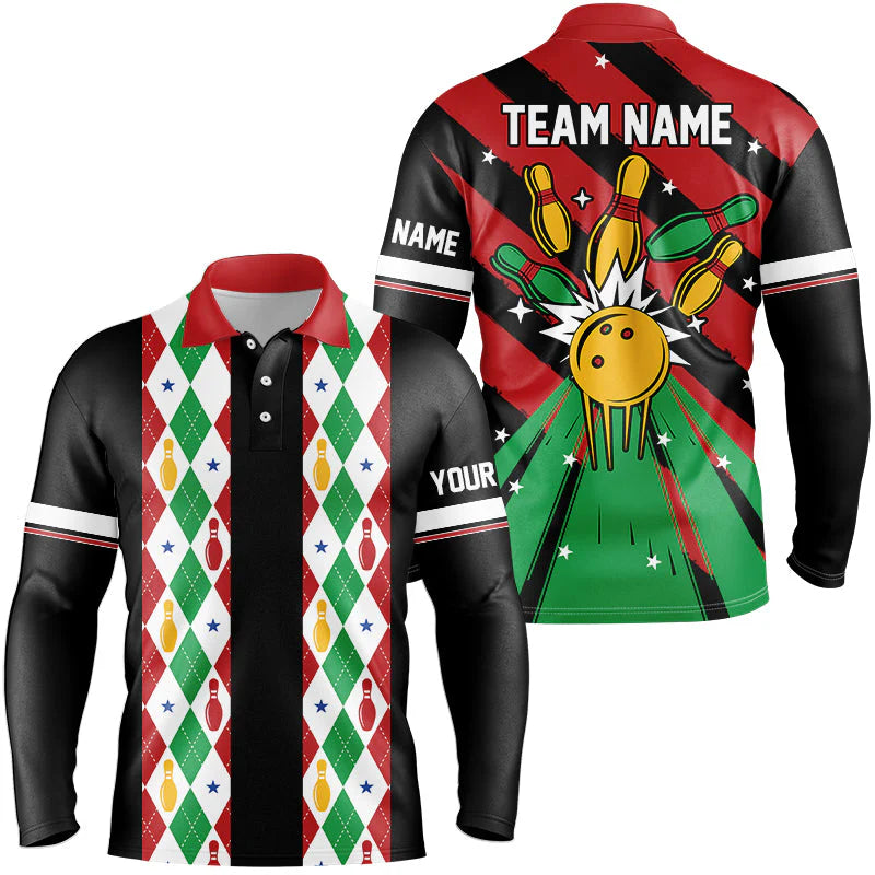 Custom Team Polo Shirt Christmas argyle pattern Bowling Polo, Bowling uniforms - Bowling Shirts Personalized Name And Team Name