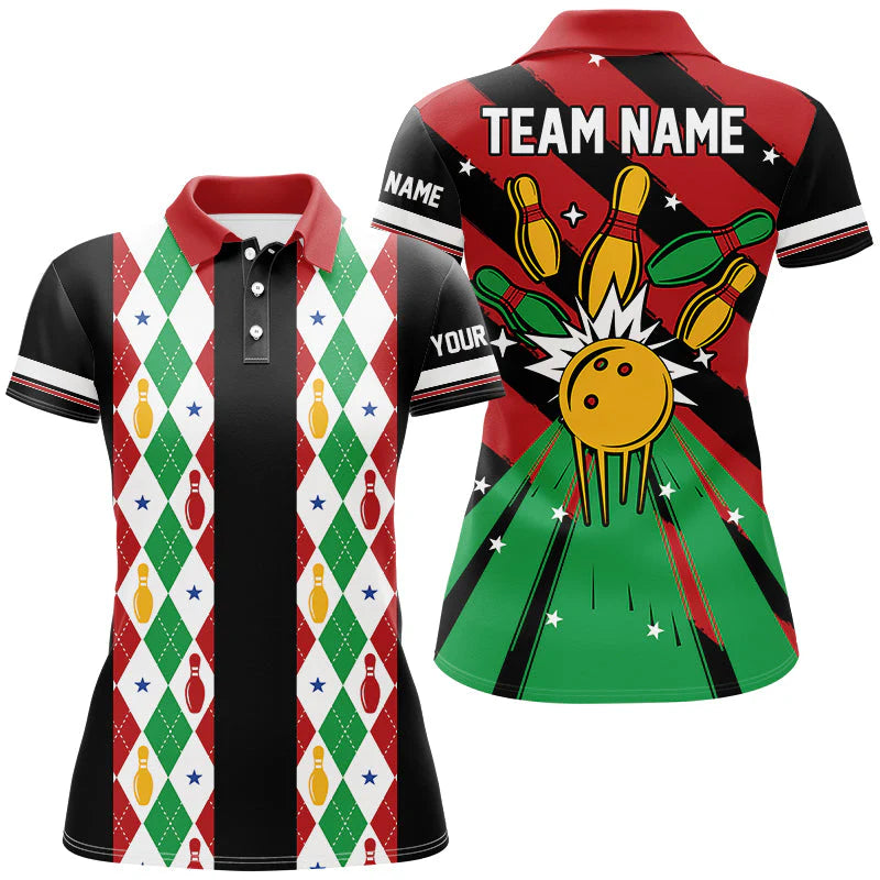 Custom Team Polo Shirt Christmas argyle pattern Bowling Polo, Bowling uniforms - Bowling Shirts Personalized Name And Team Name