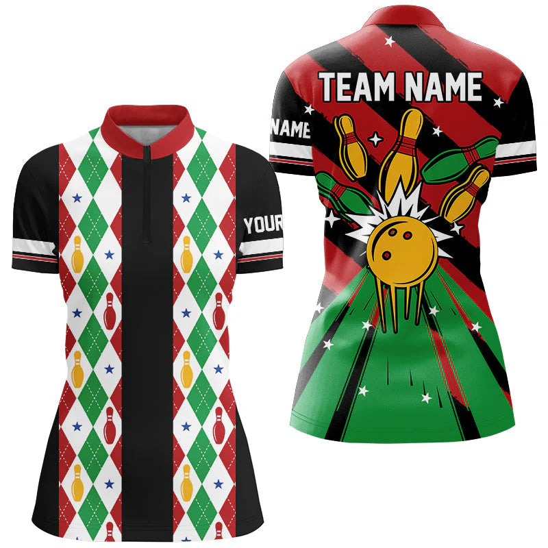 Custom Team Polo Shirt Christmas argyle pattern Bowling Polo, Bowling uniforms - Bowling Shirts Personalized Name And Team Name