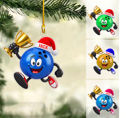 Personalized Bowling Champion Christmas Ornament, Happy Ball Holding Gold Trophy, Custom Ornament Christmas Gift, Keychain Bowling, Car Ornament Bowling