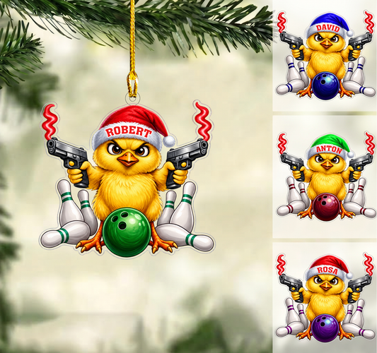 Personalized Funny Bowler Christmas Ornament, Angry Chick With Smoking Guns, Custom Ornament Christmas Gift, Keychain Bowling, Car Ornament Bowling