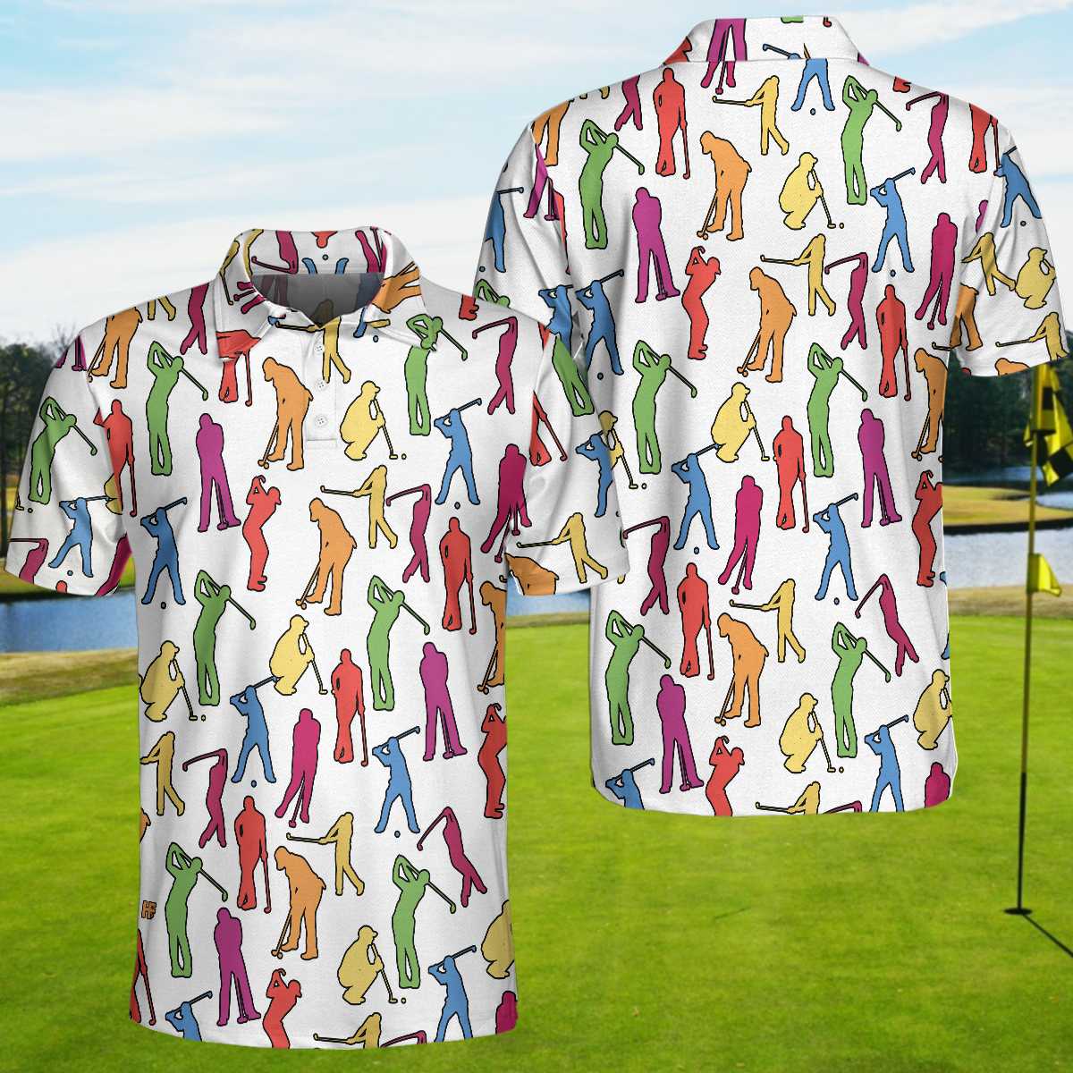 Men Golf Polo Shirt - Colorful Male Golfer Polo Shirt, White Silhouette Polo Shirt, Best Golf Shirt For Men, Golfers