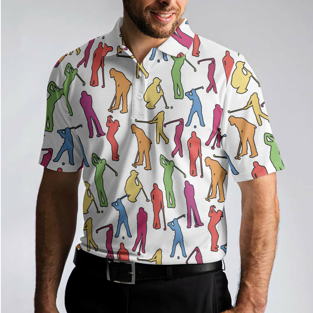 Men Golf Polo Shirt - Colorful Male Golfer Polo Shirt, White Silhouette Polo Shirt, Best Golf Shirt For Men, Golfers