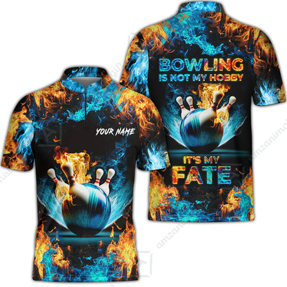 Bowling Custom Zip Polo Shirt - Custom Name Blue Bowling Ball And Pins On Fire Personalized Bowling Zip Polo Shirt