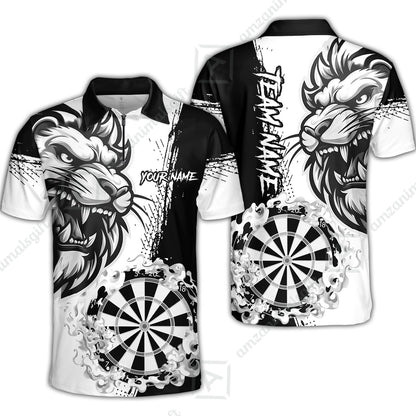 Custom Turquoise Funny Darts Team Unisex Polo Shirts, Darts uniforms Flame Lion Pattern Personalized Name And Team Name