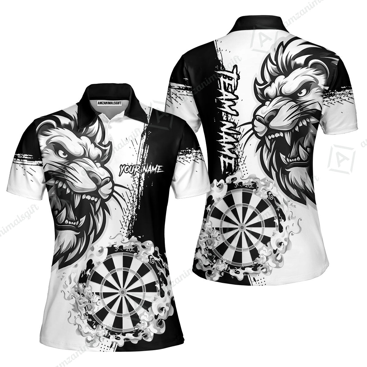 Custom Turquoise Funny Darts Team Unisex Polo Shirts, Darts uniforms Flame Lion Pattern Personalized Name And Team Name