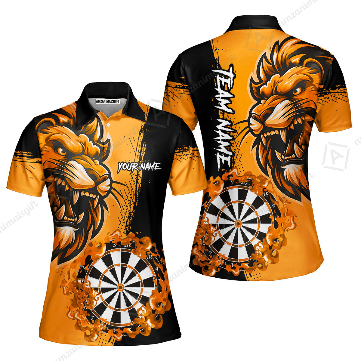 Custom Turquoise Funny Darts Team Unisex Polo Shirts, Darts uniforms Flame Lion Pattern Personalized Name And Team Name