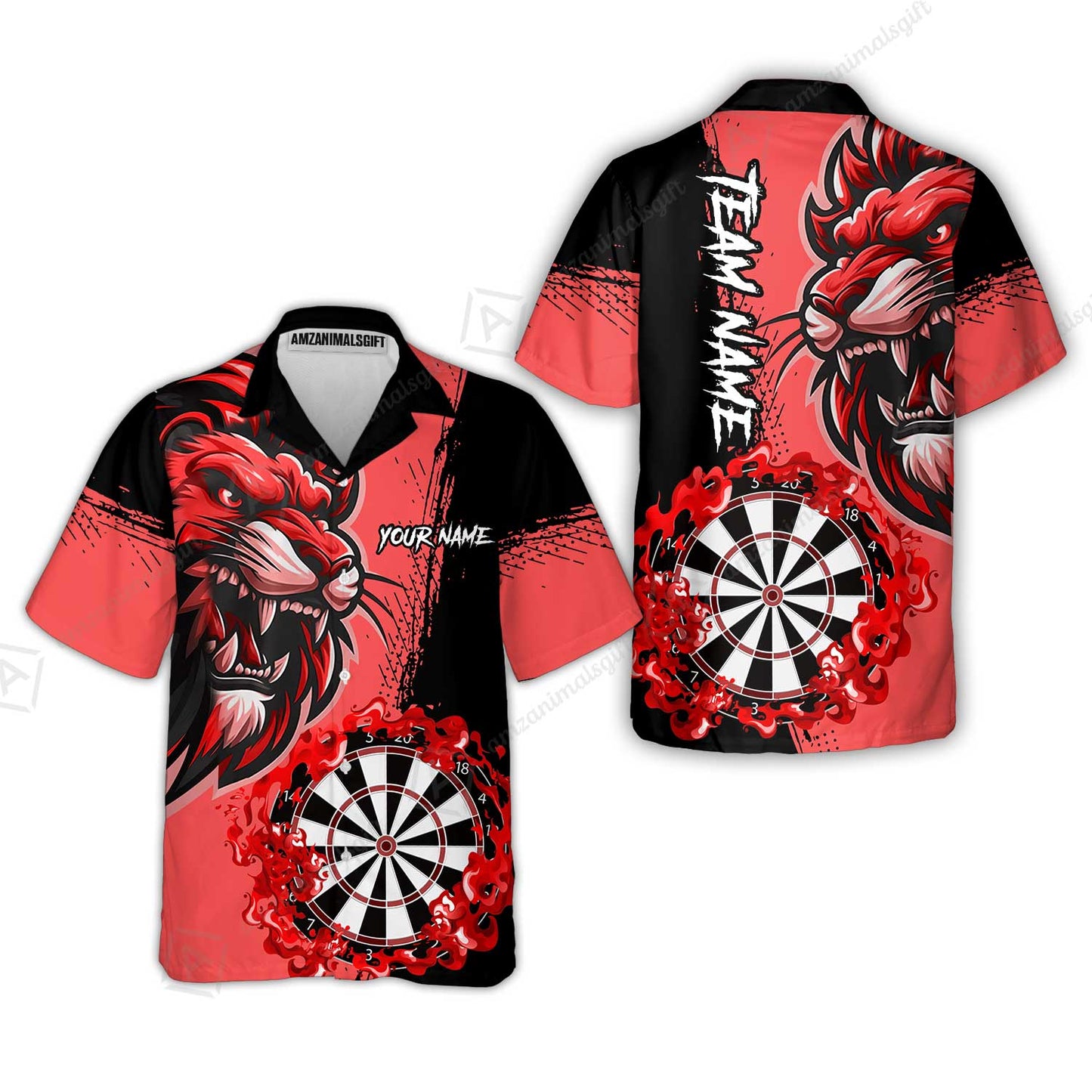 Custom Turquoise Funny Darts Team Unisex Polo Shirts, Darts uniforms Flame Lion Pattern Personalized Name And Team Name