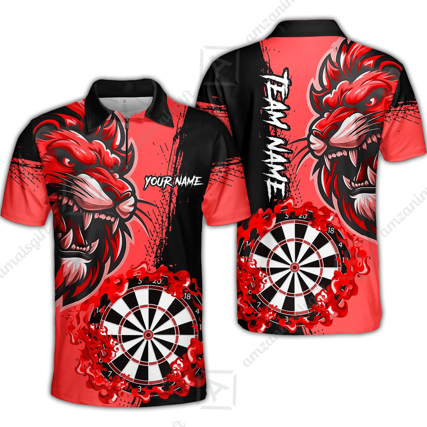 Custom Turquoise Funny Darts Team Unisex Polo Shirts, Darts uniforms Flame Lion Pattern Personalized Name And Team Name