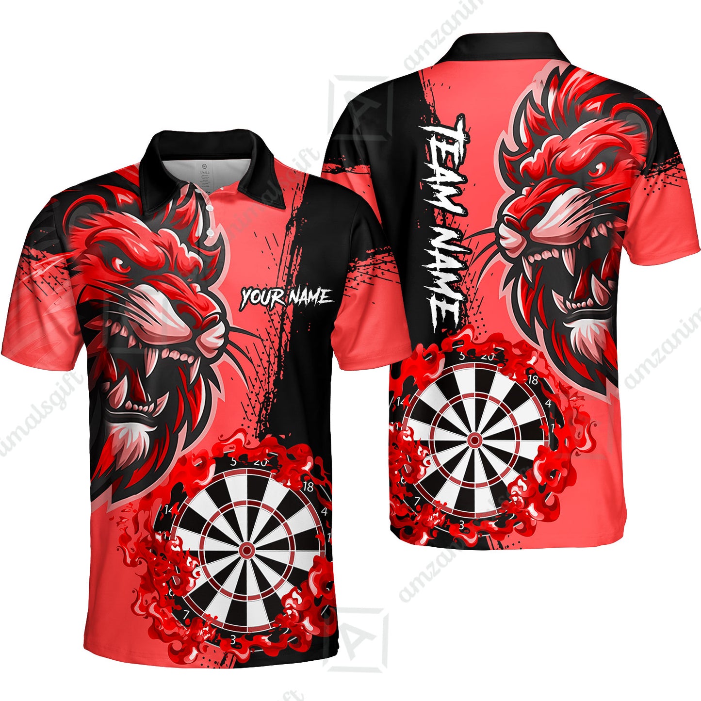 Custom Turquoise Funny Darts Team Unisex Polo Shirts, Darts uniforms Flame Lion Pattern Personalized Name And Team Name