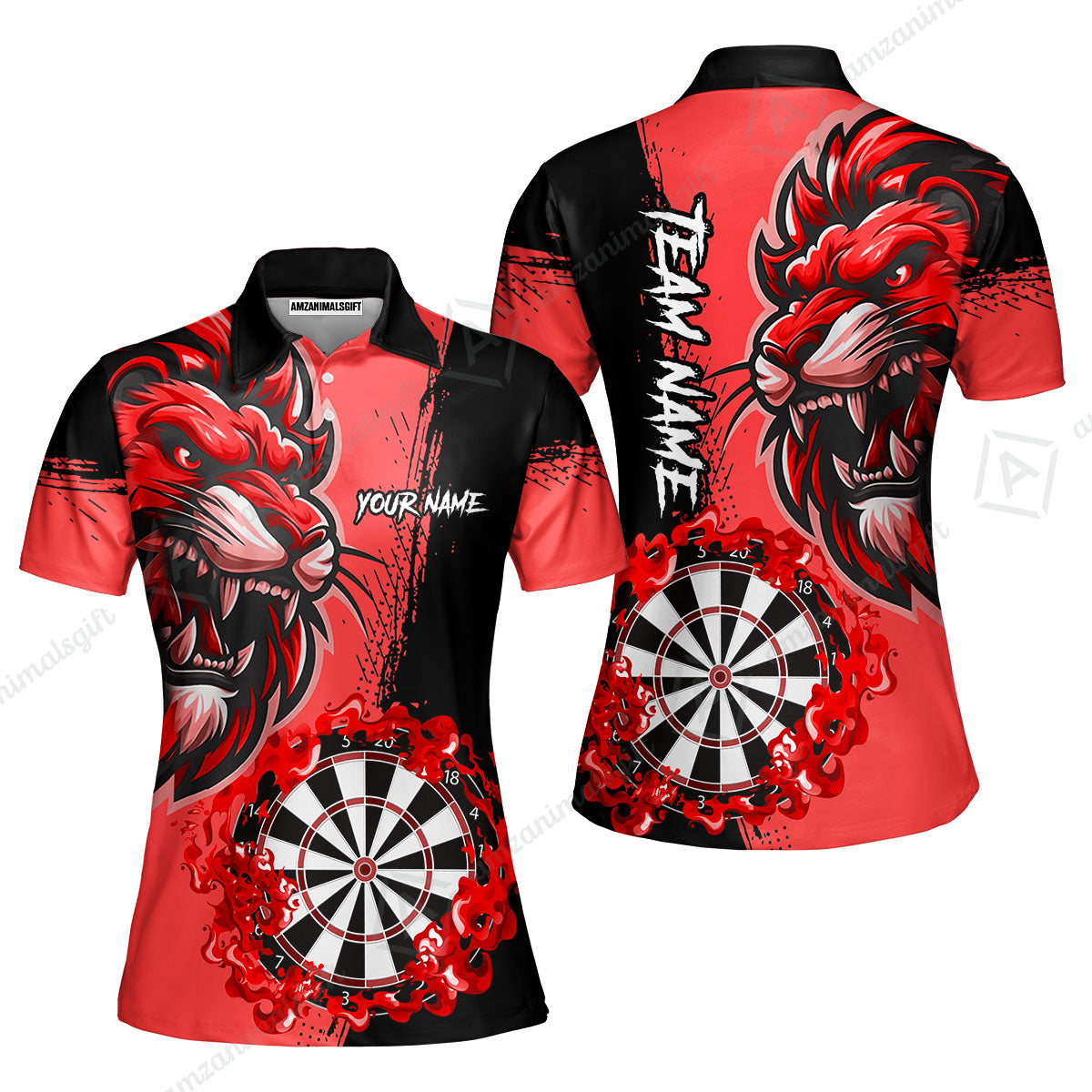 Custom Turquoise Funny Darts Team Unisex Polo Shirts, Darts uniforms Flame Lion Pattern Personalized Name And Team Name