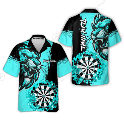 Custom Turquoise Funny Darts Team Unisex Polo Shirts, Darts uniforms Flame Lion Pattern Personalized Name And Team Name