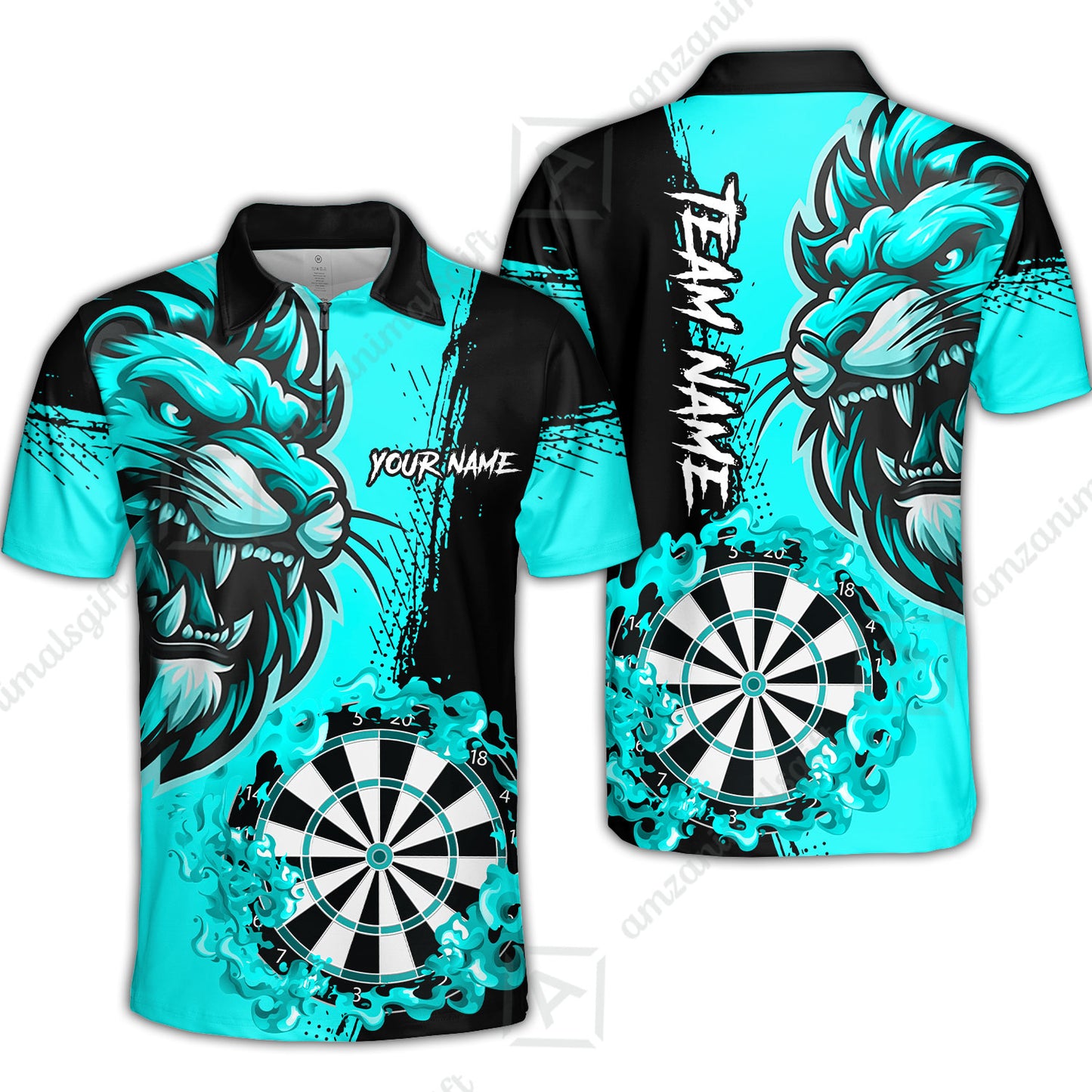 Custom Turquoise Funny Darts Team Unisex Polo Shirts, Darts uniforms Flame Lion Pattern Personalized Name And Team Name