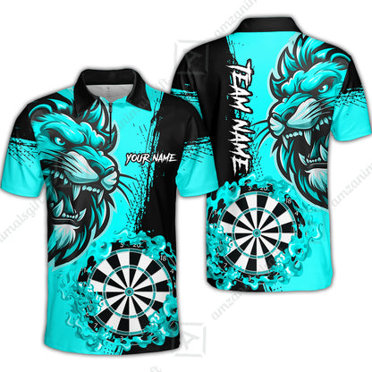 Custom Turquoise Funny Darts Team Unisex Polo Shirts, Darts uniforms Flame Lion Pattern Personalized Name And Team Name