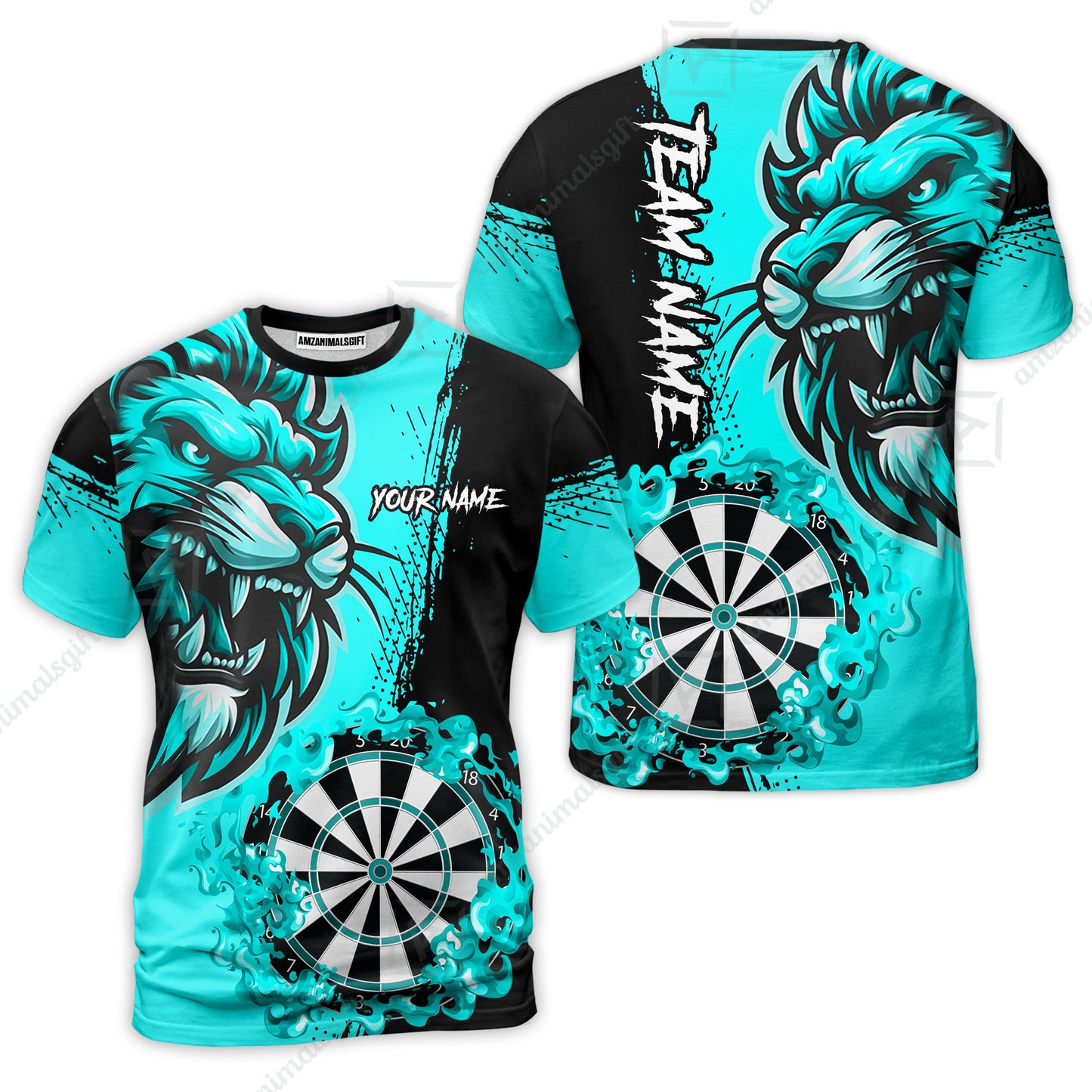 Custom Turquoise Funny Darts Team Unisex Polo Shirts, Darts uniforms Flame Lion Pattern Personalized Name And Team Name