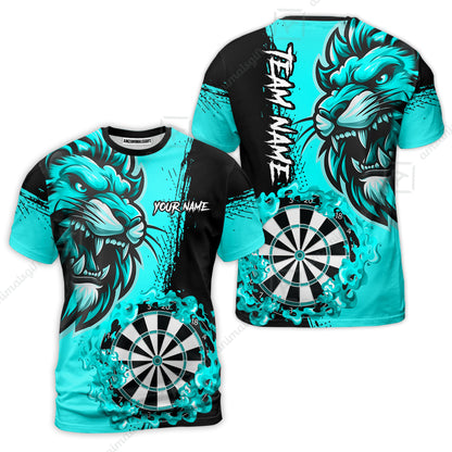Custom Turquoise Funny Darts Team Unisex Polo Shirts, Darts uniforms Flame Lion Pattern Personalized Name And Team Name