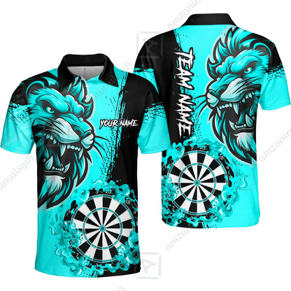 Custom Turquoise Funny Darts Team Unisex Polo Shirts, Darts uniforms Flame Lion Pattern Personalized Name And Team Name