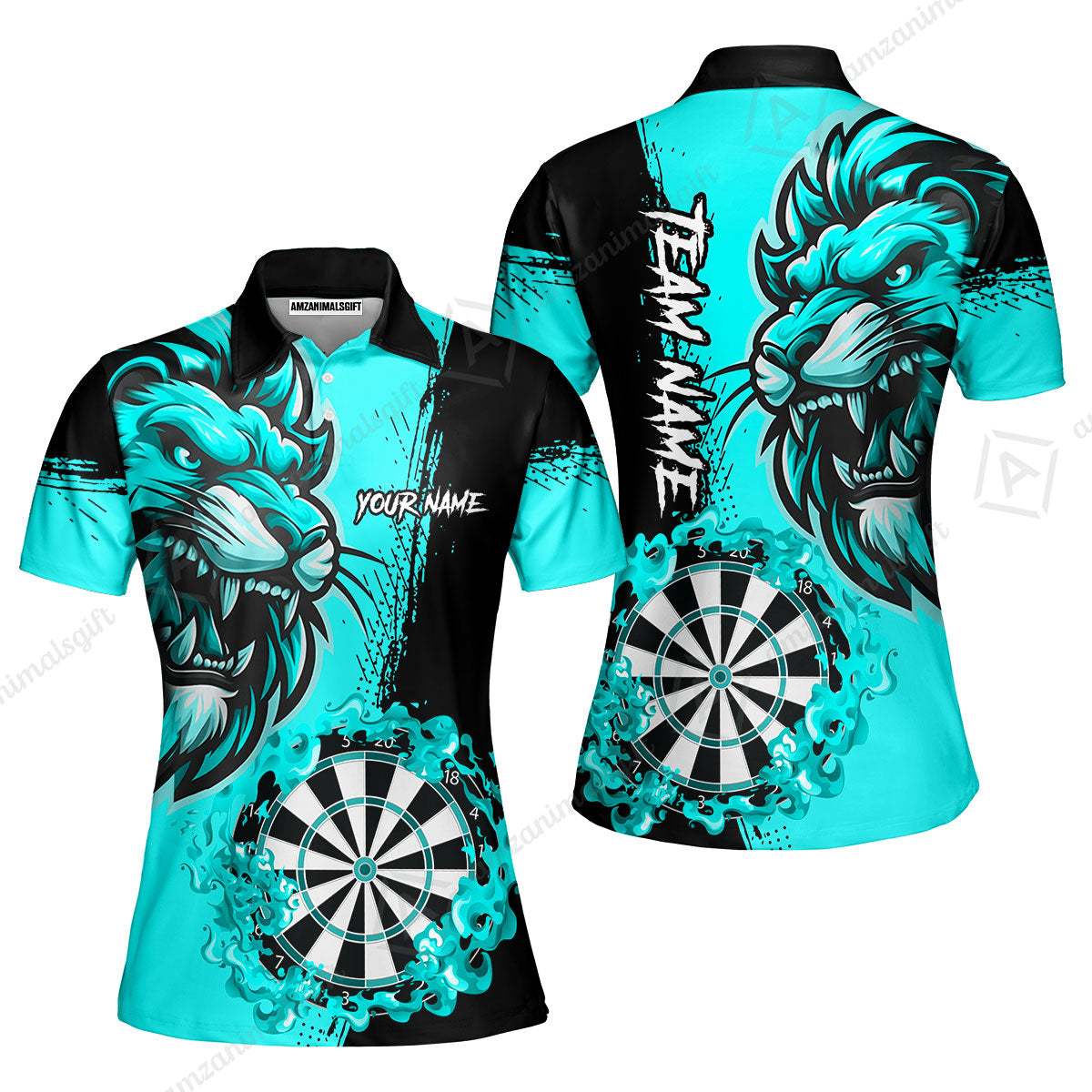 Custom Turquoise Funny Darts Team Unisex Polo Shirts, Darts uniforms Flame Lion Pattern Personalized Name And Team Name
