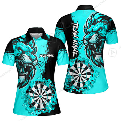 Custom Turquoise Funny Darts Team Unisex Polo Shirts, Darts uniforms Flame Lion Pattern Personalized Name And Team Name