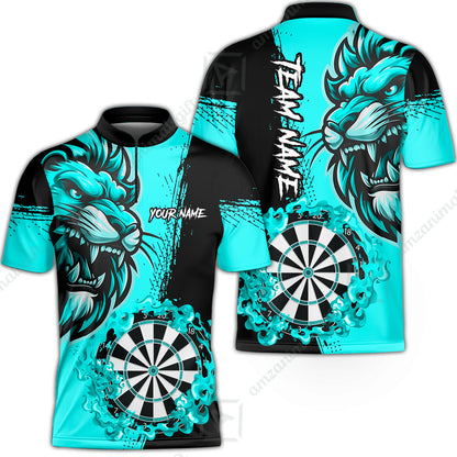 Custom Turquoise Funny Darts Team Unisex Polo Shirts, Darts uniforms Flame Lion Pattern Personalized Name And Team Name