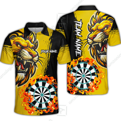 Custom Turquoise Funny Darts Team Unisex Polo Shirts, Darts uniforms Flame Lion Pattern Personalized Name And Team Name