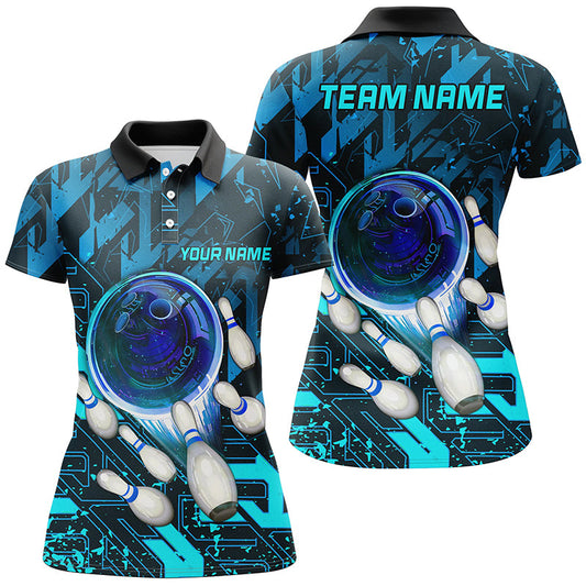 Customized Blue Metric Abstract Bowling Team Women Polo Shirt, Personalized Name Bowling Uniforms For Bowlers, Team League